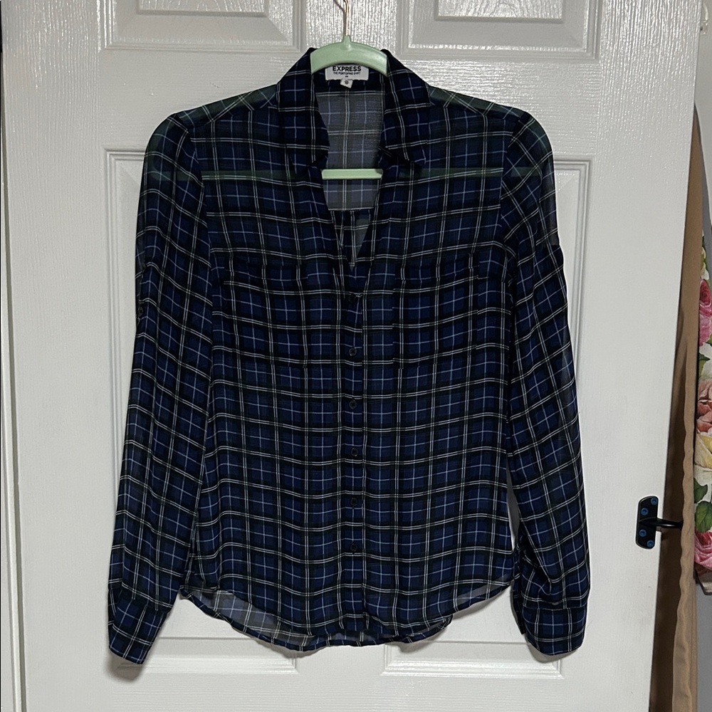 Express Navy and Green Plaid Shirt